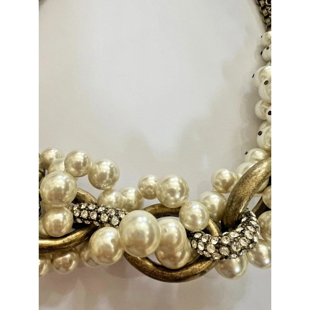 NOS Lee Angel Faux Pearl Rhinestone Link Necklace Antiqued Gold Y2K Luxe Baroque